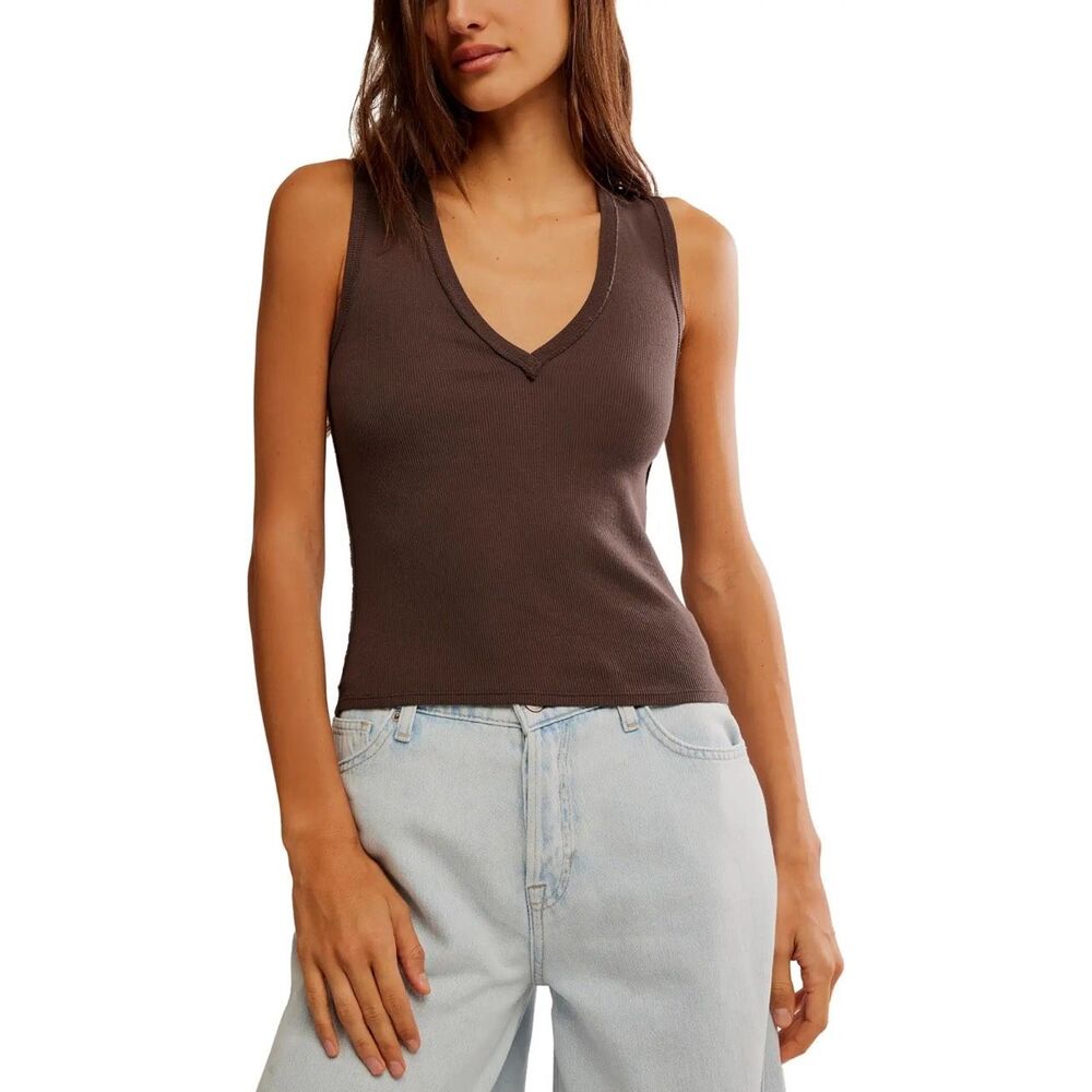 Free People X We The Free Neria V-Neck Tank Top brown Womens M NEW - Picture 6 of 9